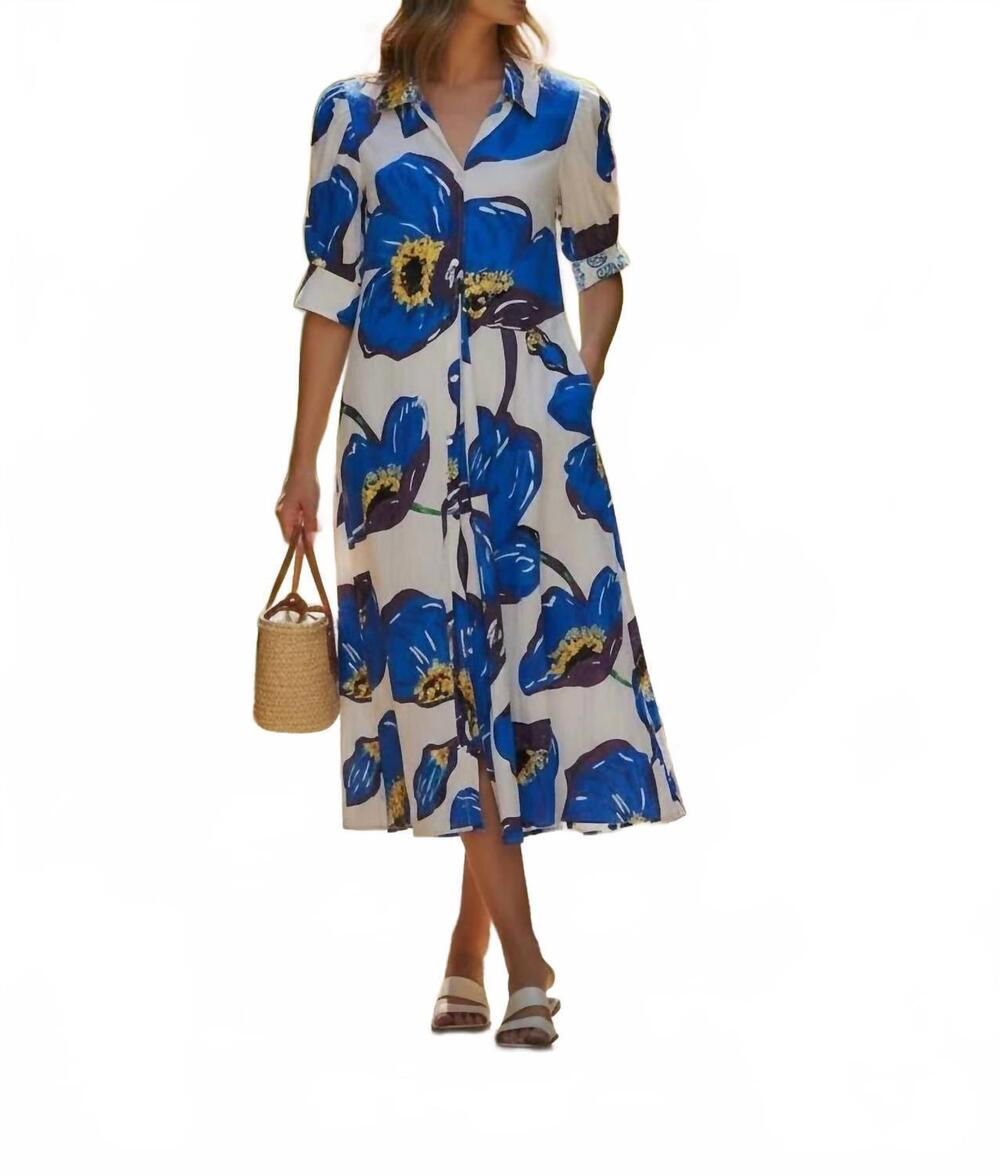 NEW DIZZY-LIZZIE montauk poppy midi dress in royal blue multi